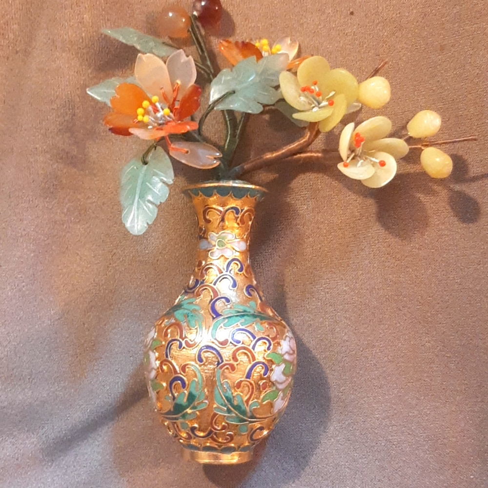 Oriental cloissonne hard stone and jade flower study